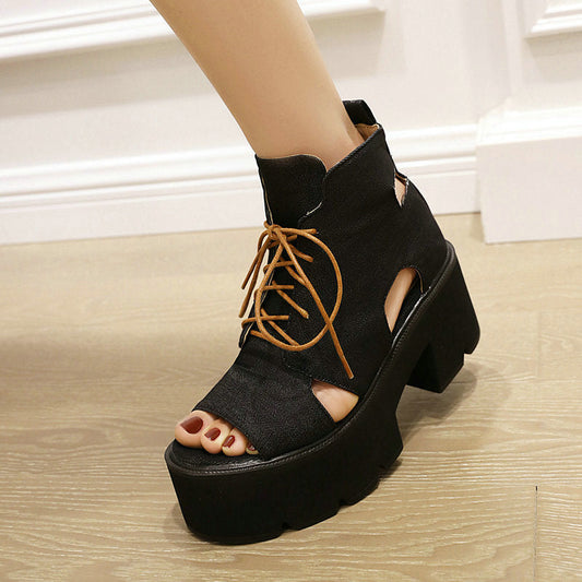 Sandalias vaqueras para mujer con cordones delanteros y diseño de boca de pez