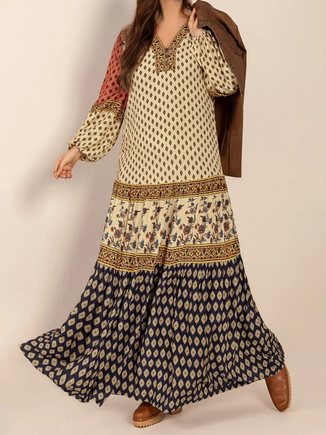 Printed V-Neck Balloon Sleeve Maxi Dress - Enfance-Heureuse