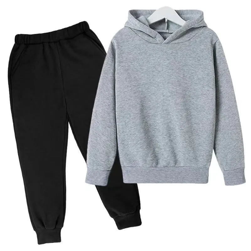 Solid Color Set With Fleece Loose Fitting Hoodie And Pants, Two-piece Set - Enfance-Heureuse