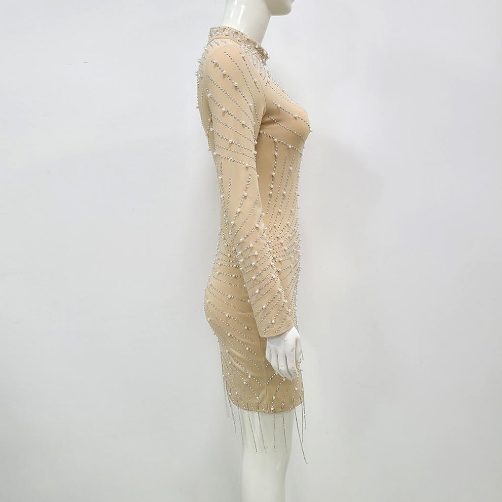 Heavy Industry Pearl Rhinestone Stretch Side Seam Tassel Short Dress - Enfance-Heureuse