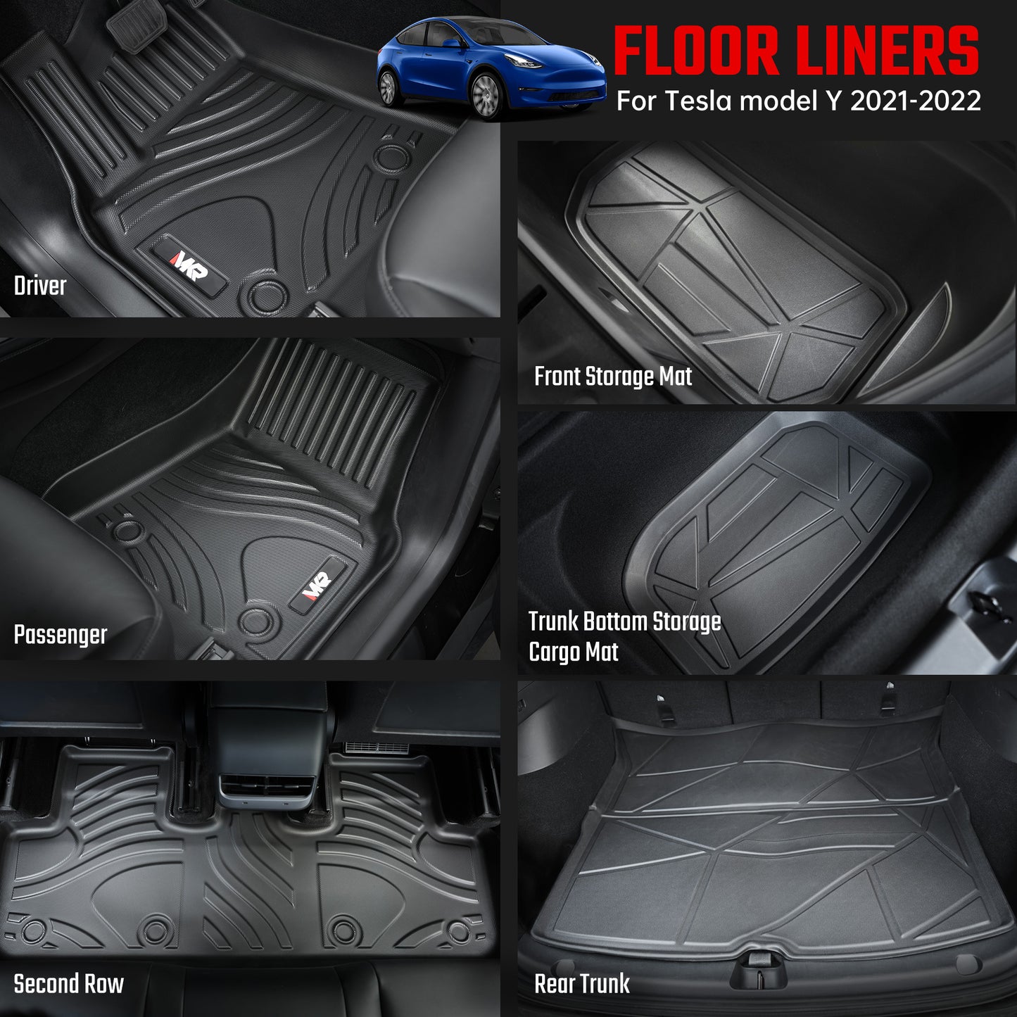 All-Weather TPE Floor Mats For Tesla Model Y 2021-2022 Model 3 2023-2025 - Waterproof, Anti-Slip, Full Coverage Car Floor Liners 6 PCS Set - Enfance-Heureuse