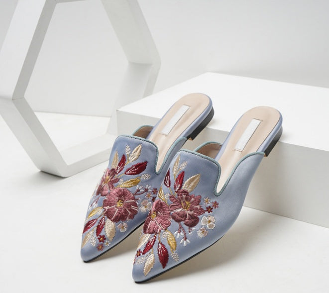 Code embroidery tipped a pedal lazy low heel women's slippers - Enfance-Heureuse