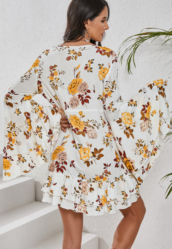 Printed V-Neck Flare Sleeve Mini Dress - Enfance-Heureuse