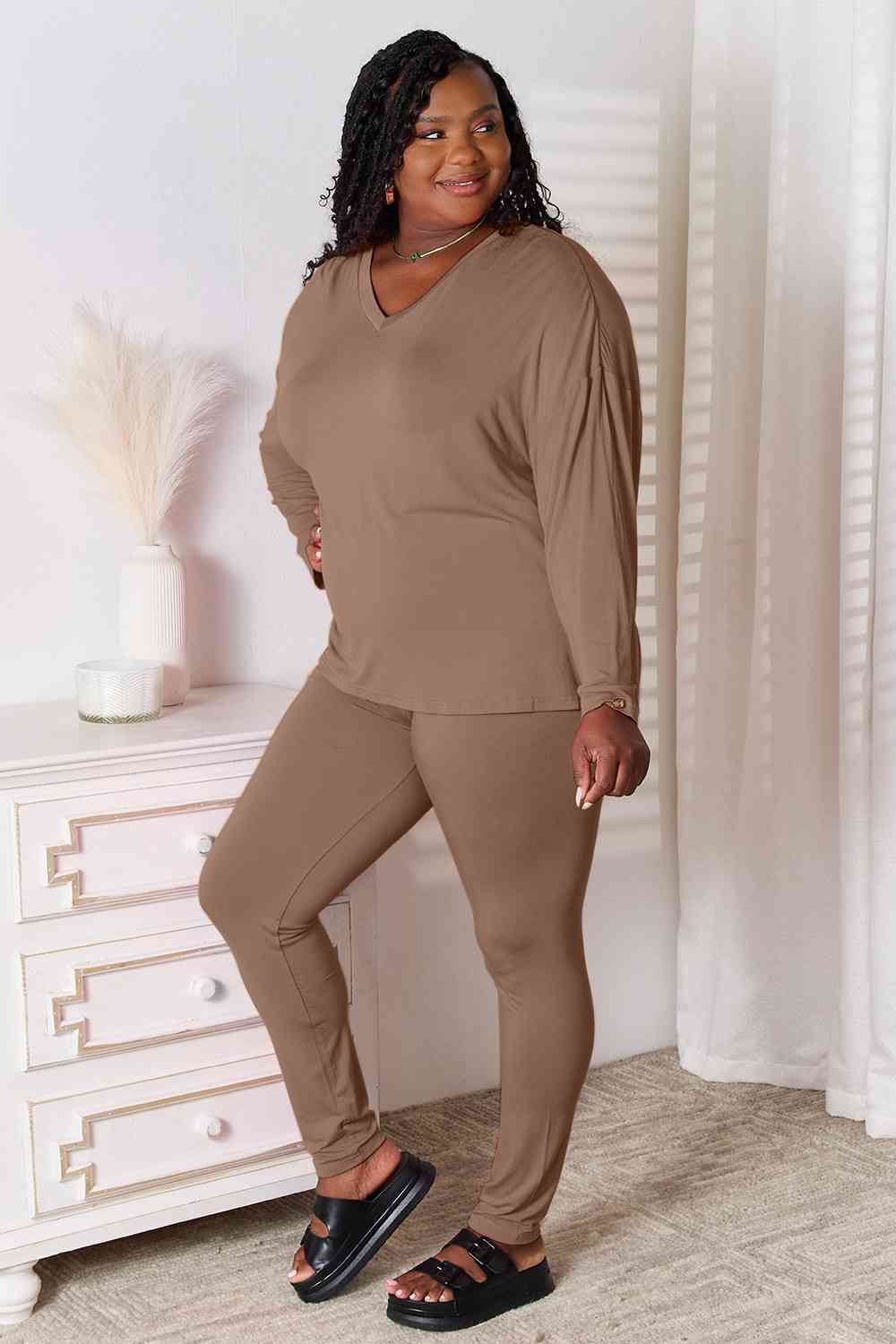Basic Bae Full Size V-Neck Soft Rayon Long Sleeve Top and Pants Lounge Set - Enfance-Heureuse