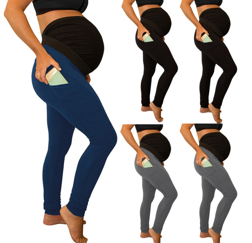 pure color panel long and high waist side pocket Maternity Pants - Enfance-Heureuse