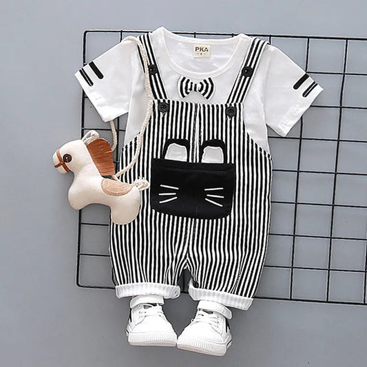 Factory direct handsome children's clothing Korean male baby cartoon strap two-piece suit cotton one generation A128 - Enfance-Heureuse