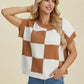 Double Take Full Size Checkered Round Neck Short Sleeve Sweater - Enfance-Heureuse