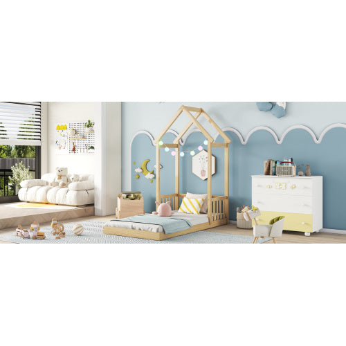Twin House-shaped Roof Headboard Floor Bed,,without Slats,Natural - Enfance-Heureuse