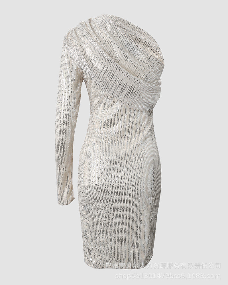 Silver One Shoulder Sequin Formal Dress - Enfance-Heureuse