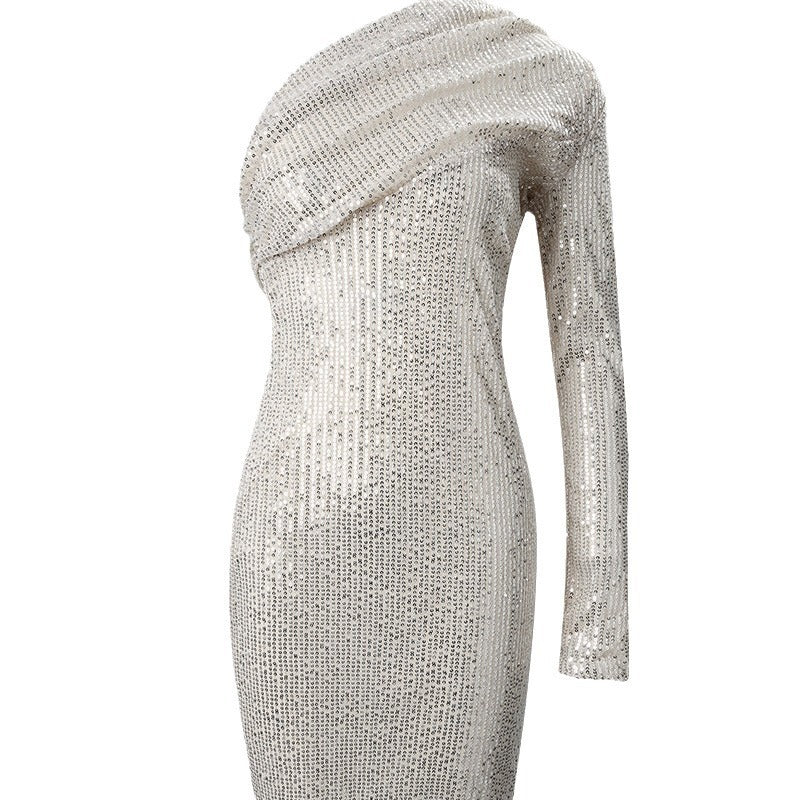 Silver One Shoulder Sequin Formal Dress - Enfance-Heureuse