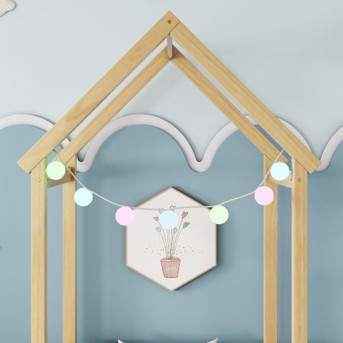 Twin House-shaped Roof Headboard Floor Bed,,without Slats,Natural - Enfance-Heureuse