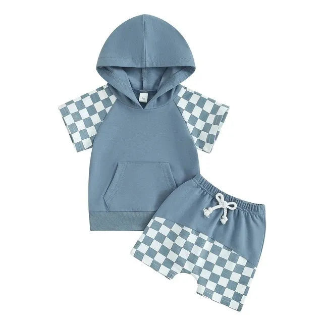 Summer European And American Boys' Plaid Hooded Fleece And Shorts Suit - Enfance-Heureuse