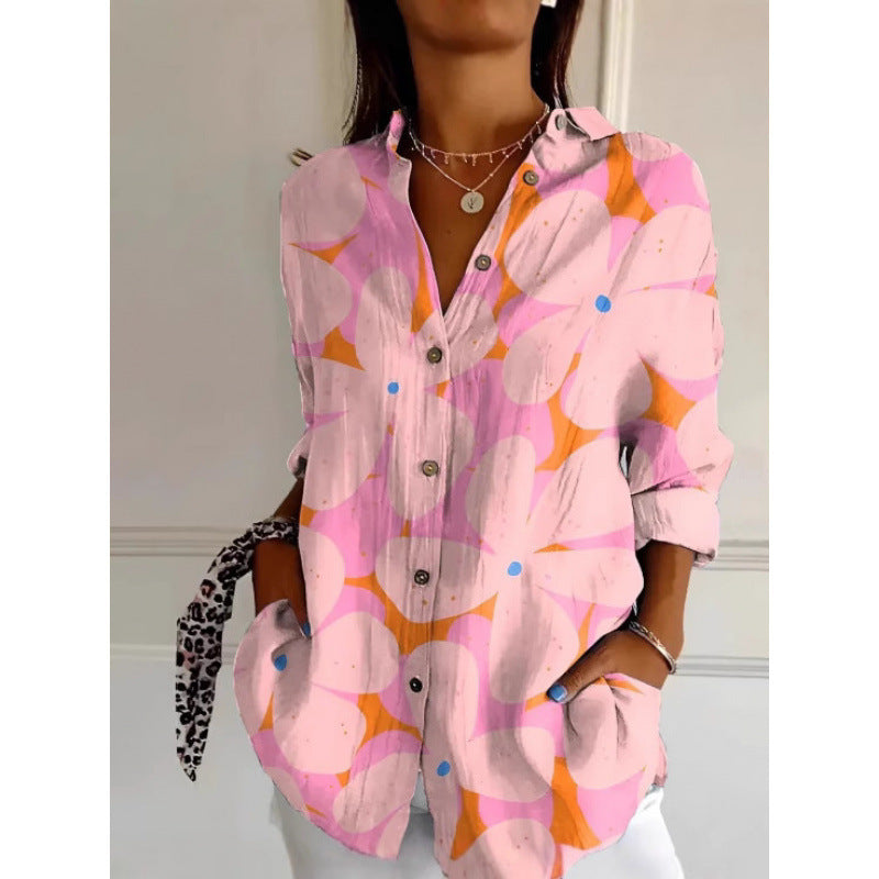 Floral Print Long-sleeved Shirt Women's Casual Button Tops Clothing - Enfance-Heureuse