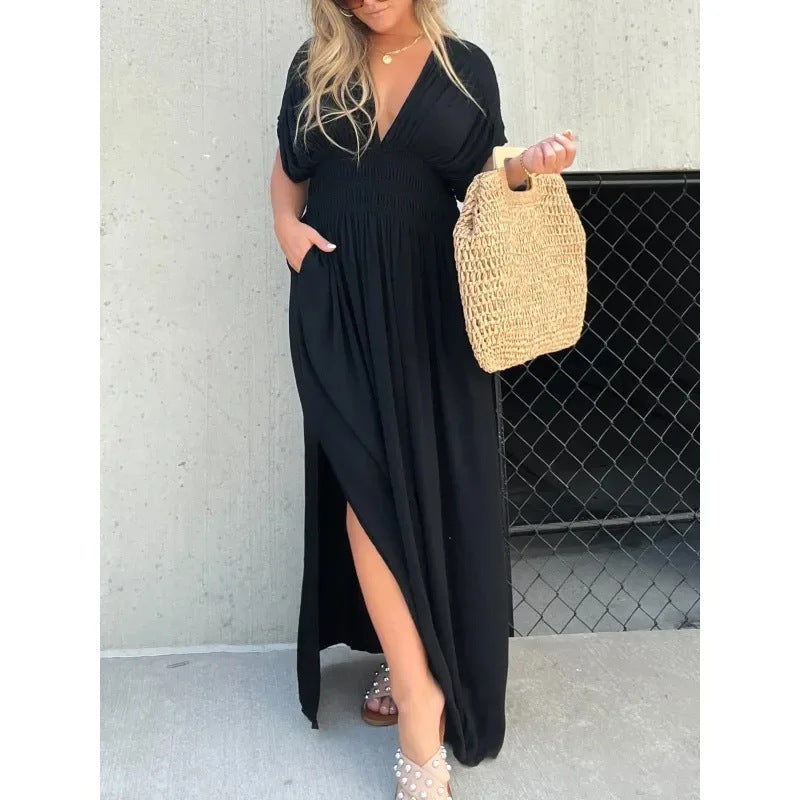 Fashion Bat-sleeved V-neck Slit Dress Summer Short Sleeve Elastic Waist Long Dresses Womens Clothing - Enfance-Heureuse
