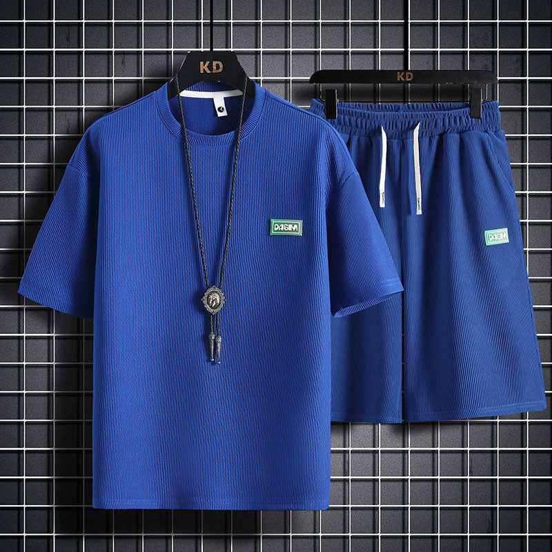 Tracksuit Short Sleeve Set Waffle Cotton Breathable Plaid Fabric Mens Casual Two Piece Set Fashion Sports Suit - Enfance-Heureuse