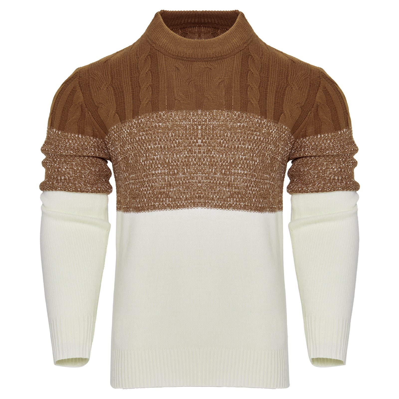 Men's Casual Color Block Long Sleeve Cable Knit Pullover Sweater - Enfance-Heureuse