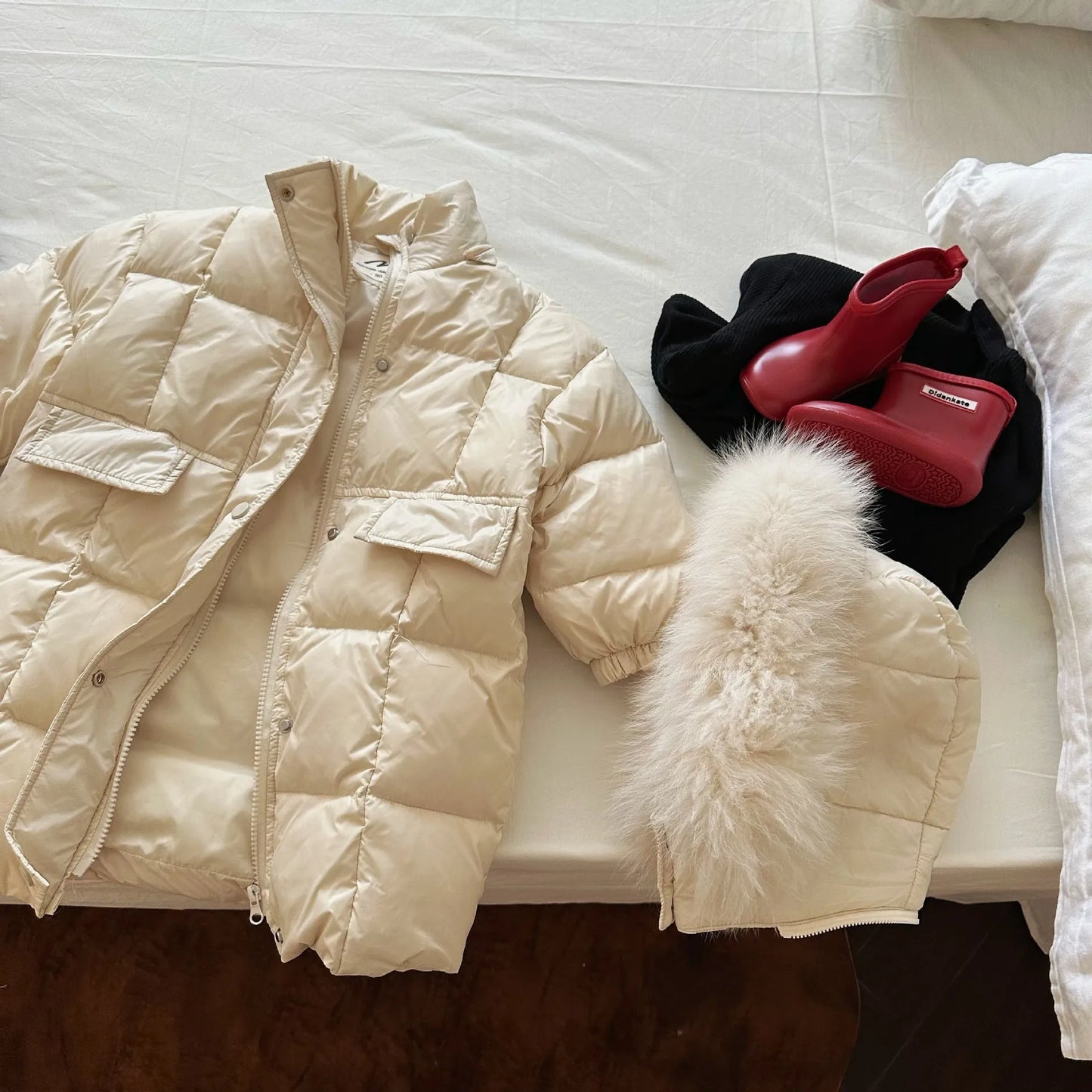 Solid Color Fur Collar Down Jacket Baby Long Section - Enfance-Heureuse