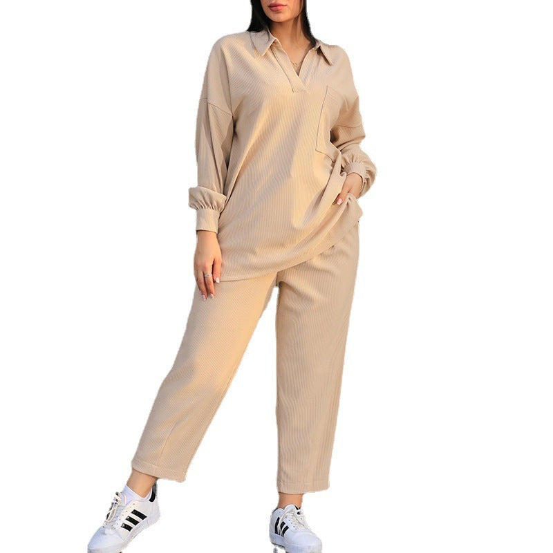 Women's Fashion Casual Lapel Long Sleeve Shirt Casual Pants Suit - Enfance-Heureuse