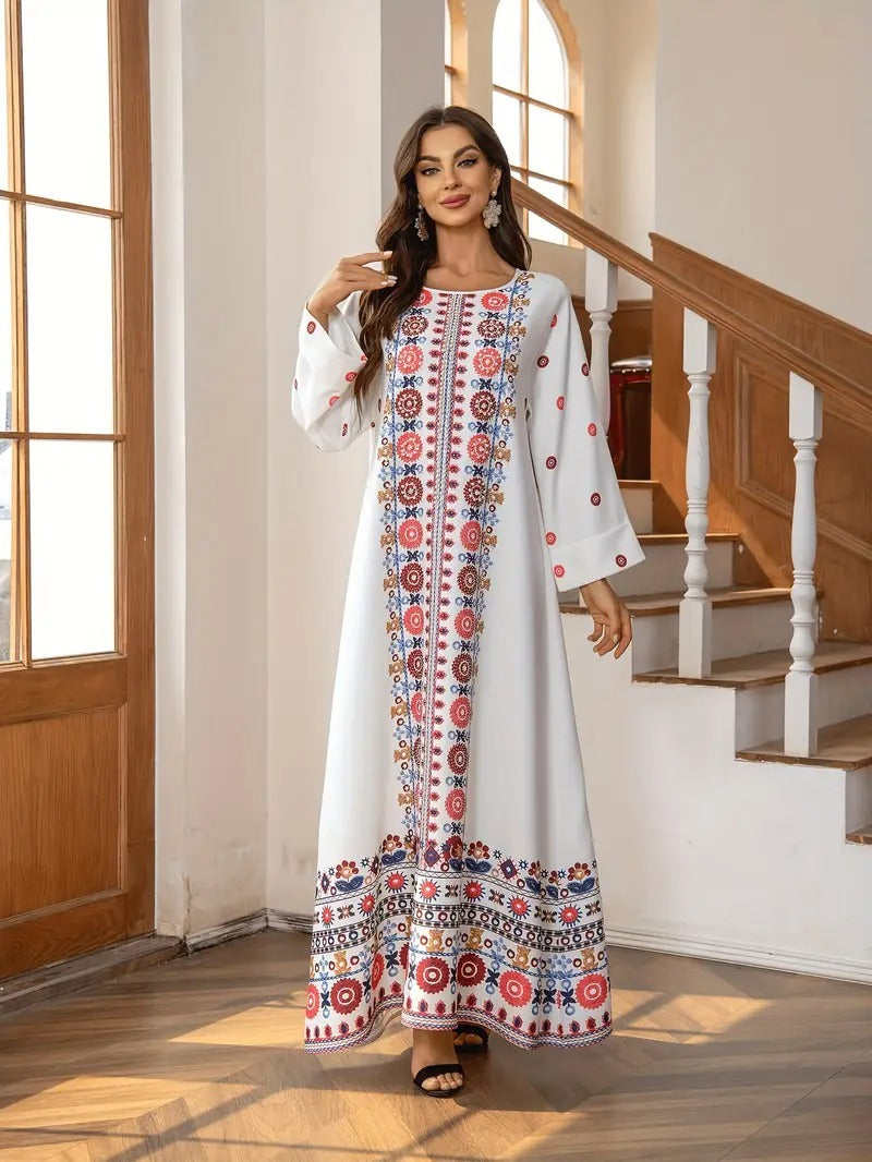 Middle Eastern Muslim Women's Rhinestone Bead Decorative Print And Rolled Up Sleeve Dress - Enfance-Heureuse