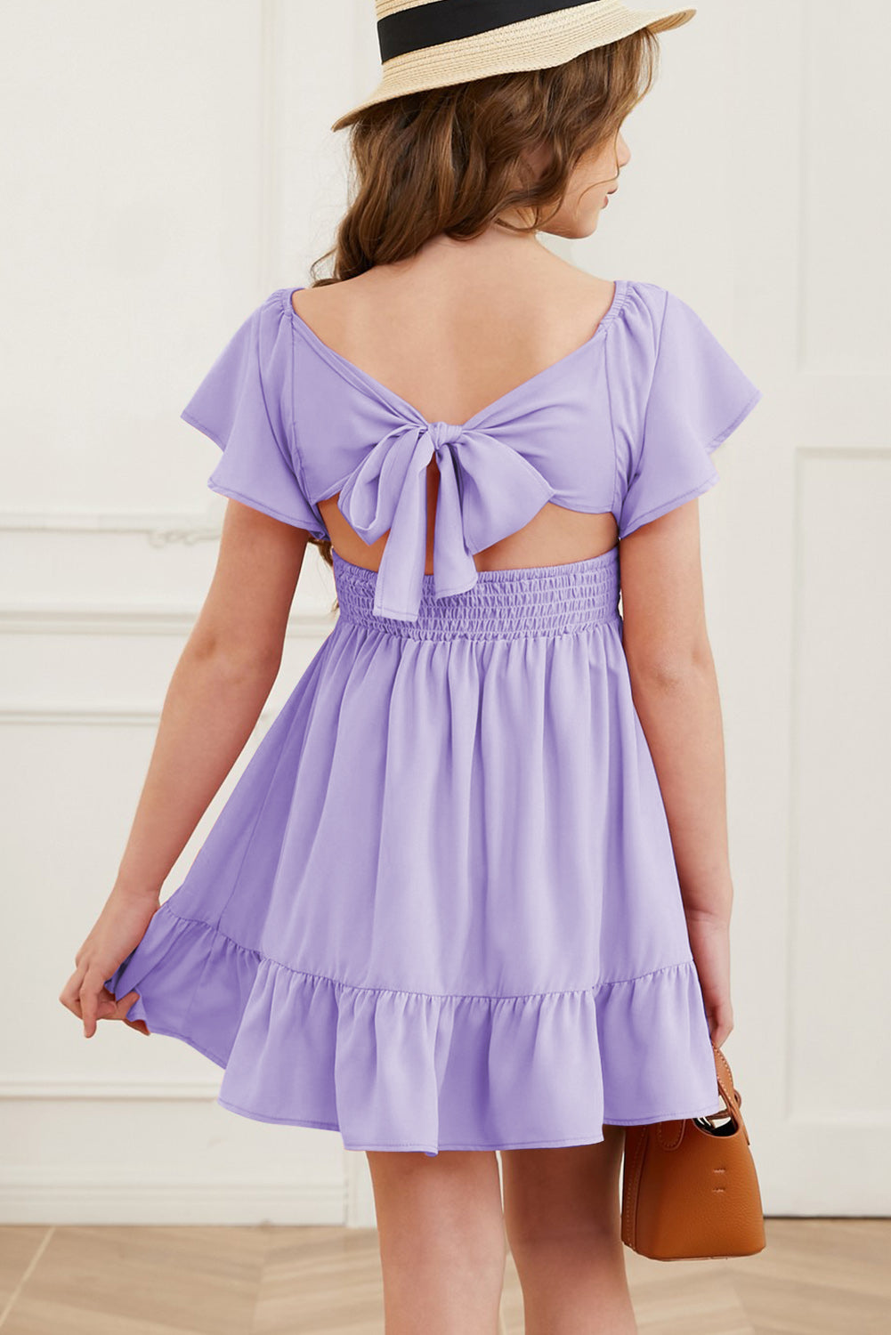 Ruffle Hem Tie-Back Flutter Sleeve Dress - Enfance-Heureuse