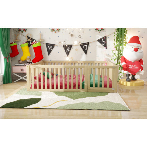 Kinderbett 140 X 200 Holzboden Bettrahmen Mit Zaun Und Tur Holzfarbe - Enfance-Heureuse