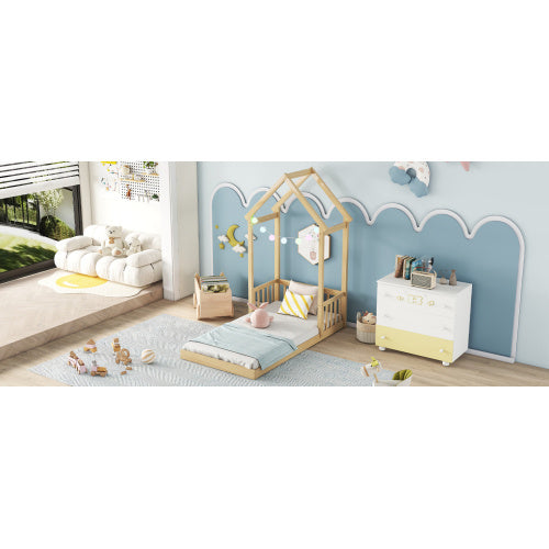 Twin House-shaped Roof Headboard Floor Bed,,without Slats,Natural - Enfance-Heureuse