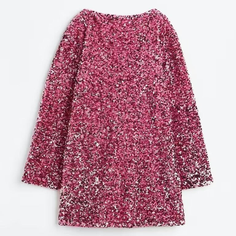 Vestido corto de spandex con lentejuelas, cuello redondo y manga larga para mujer