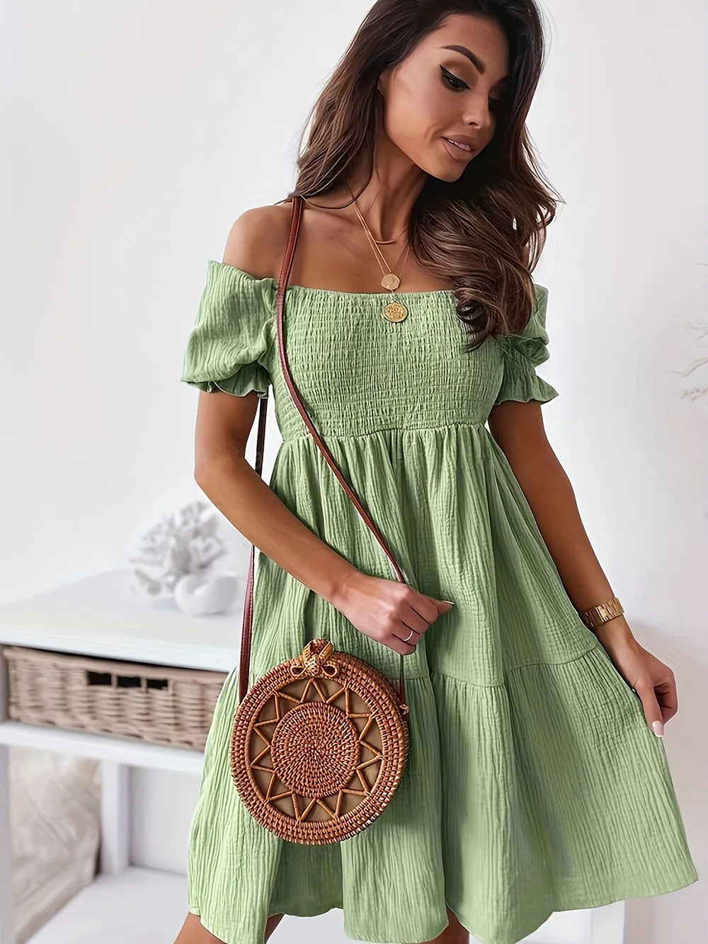 Full Size Ruffled Off-Shoulder Short Sleeve Dress - Enfance-Heureuse