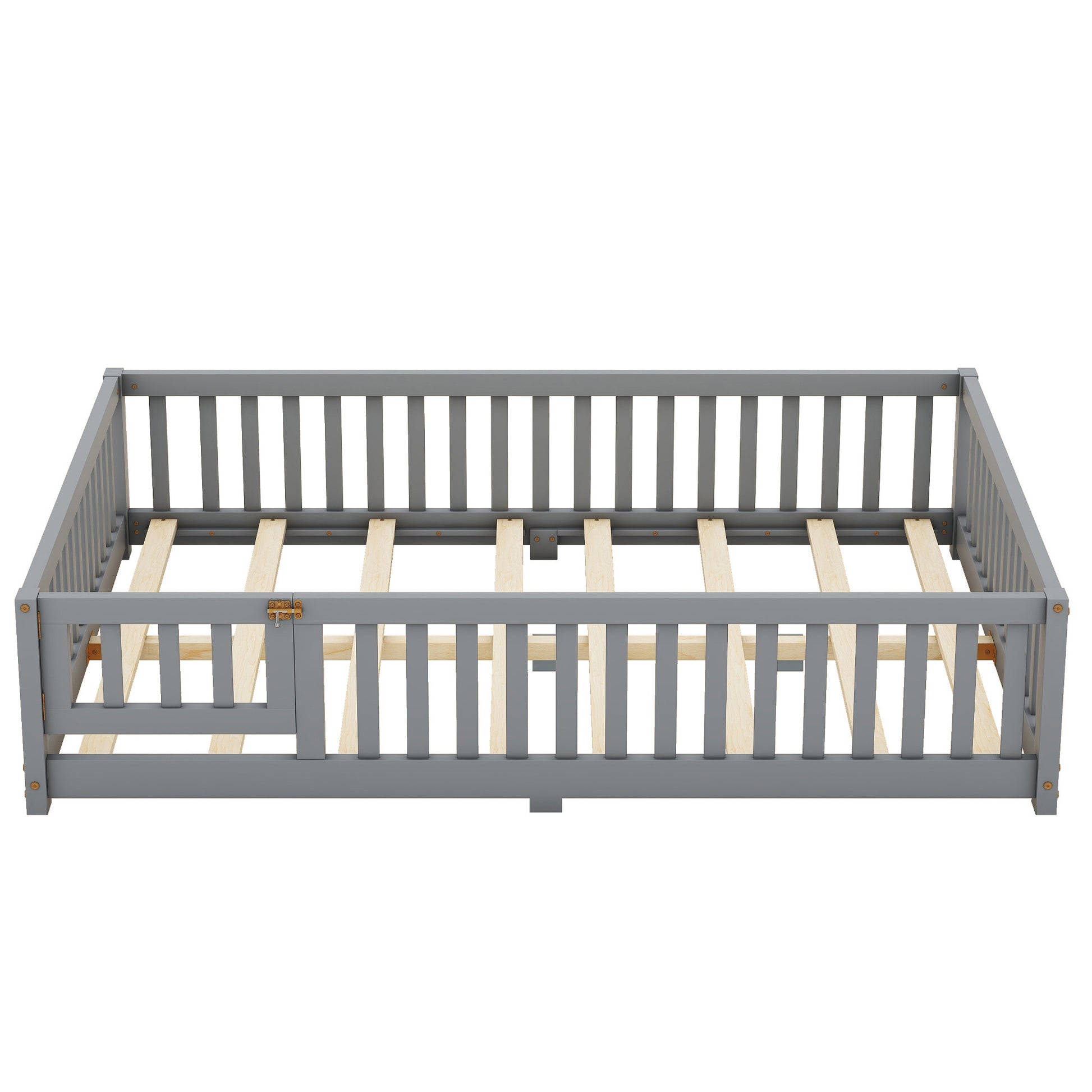 Full Size Bed Floor Bed With Safety Guardrails And Door For Kids, Gray - Enfance-Heureuse