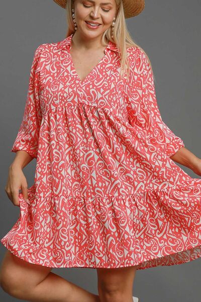 Umgee Full Size Two Tone Print Balloon Sleeve Tiered Dress Plus Size - Enfance-Heureuse