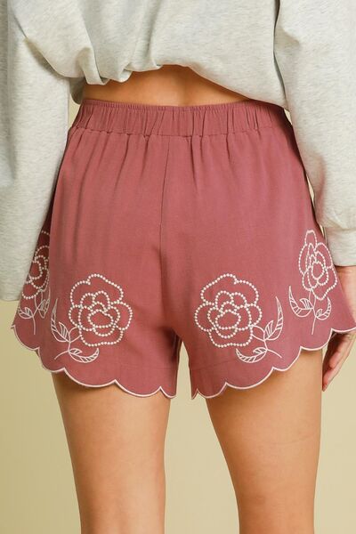 Umgee Full Size Linen Blend Shorts with Floral Embroidered Details Plus Size - Enfance-Heureuse