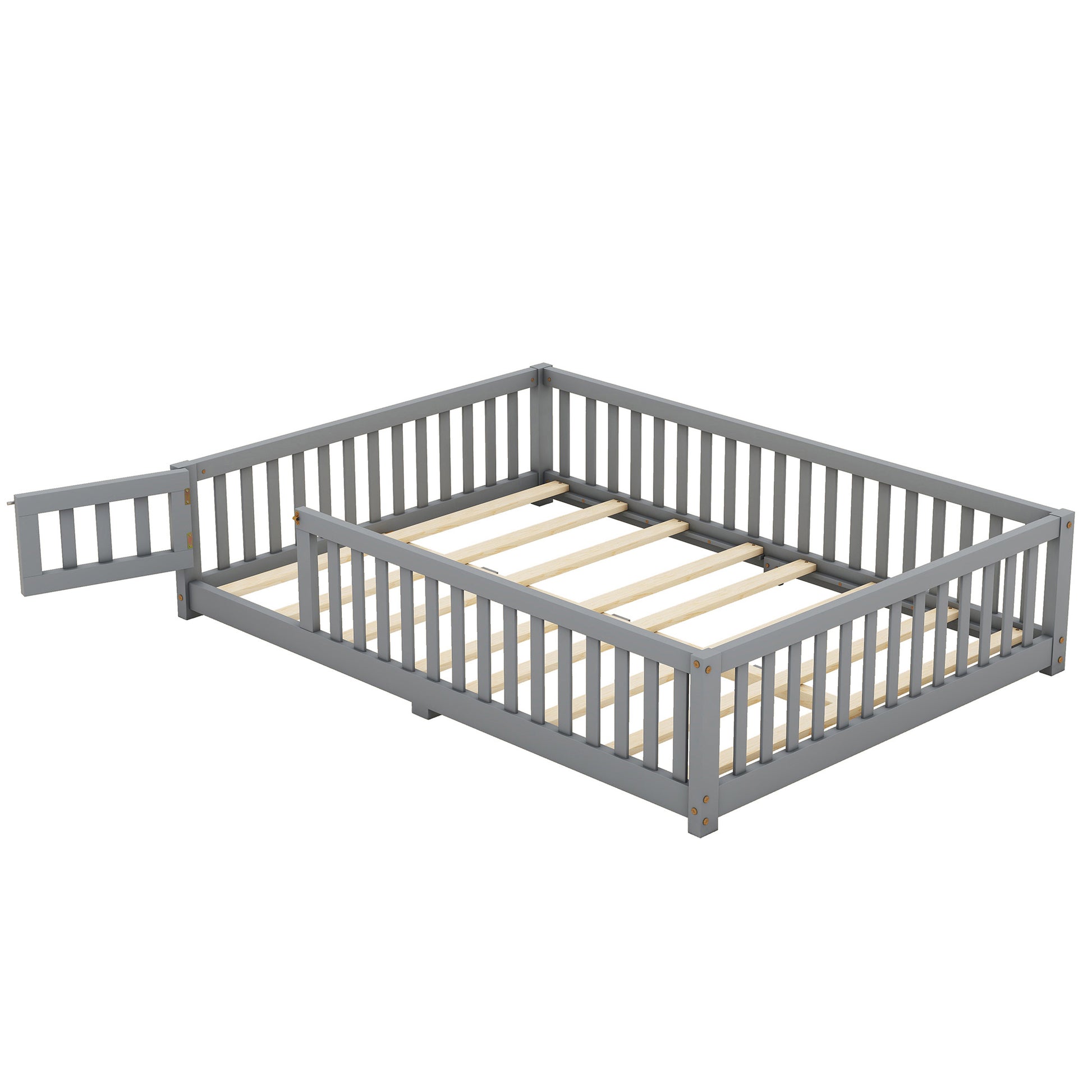 Full Size Bed Floor Bed With Safety Guardrails And Door For Kids, Gray - Enfance-Heureuse