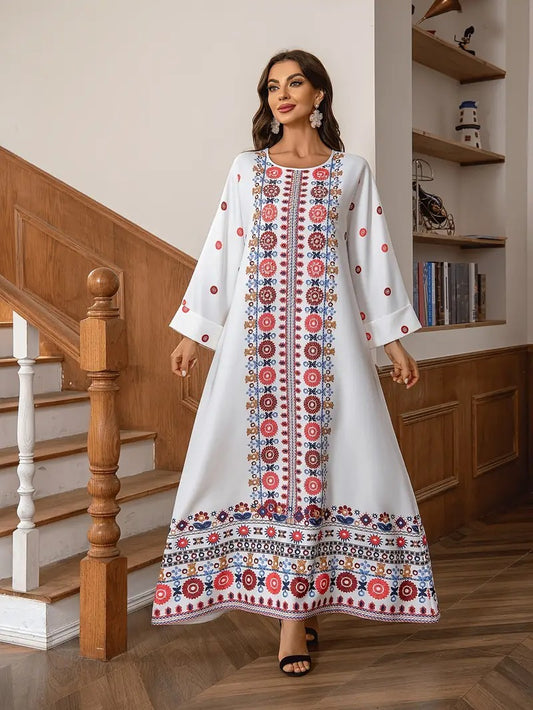 Middle Eastern Muslim Women's Rhinestone Bead Decorative Print And Rolled Up Sleeve Dress - Enfance-Heureuse