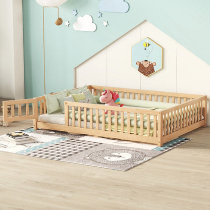 Full Size Bed Floor Bed With Safety Guardrails And Door For Kids, Natural - Enfance-Heureuse