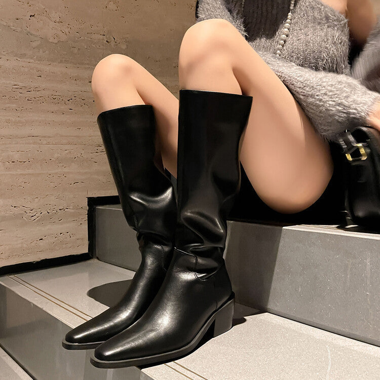 Botas altas de piel de vaca blanca con punta cuadrada, tacón medio y tacón grueso, estilo británico, con cremallera trasera