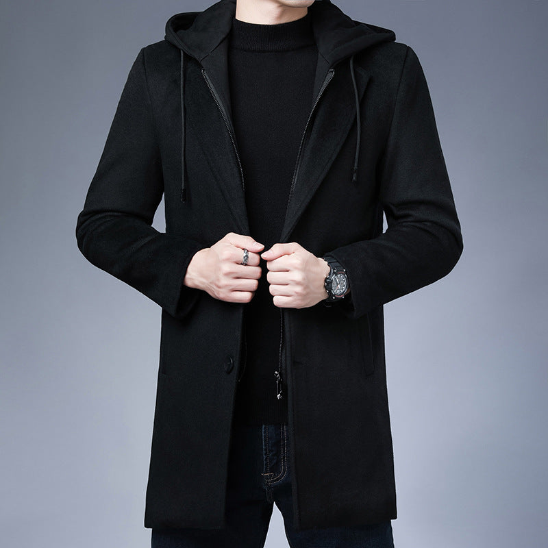 Mens Detachable Hooded Woolen Winter Coat Jacket Mid-Length Single Breasted - Enfance-Heureuse