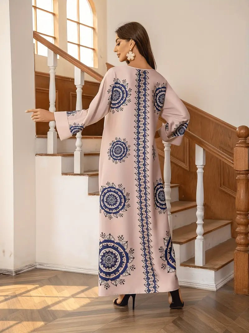 Long Women's Robe, Round Neck And Printed Dress - Enfance-Heureuse