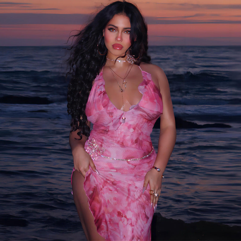 Sexy Print V-neck Backless Halter Stitching Mesh Stringy Selvedge Dress - Enfance-Heureuse