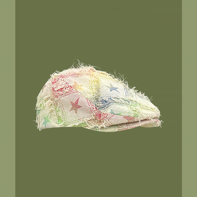 Boina de estilo coreano para mujer, con borde desgastado y antidesgaste, con estrellas de cinco puntas y cuadros coloridos.