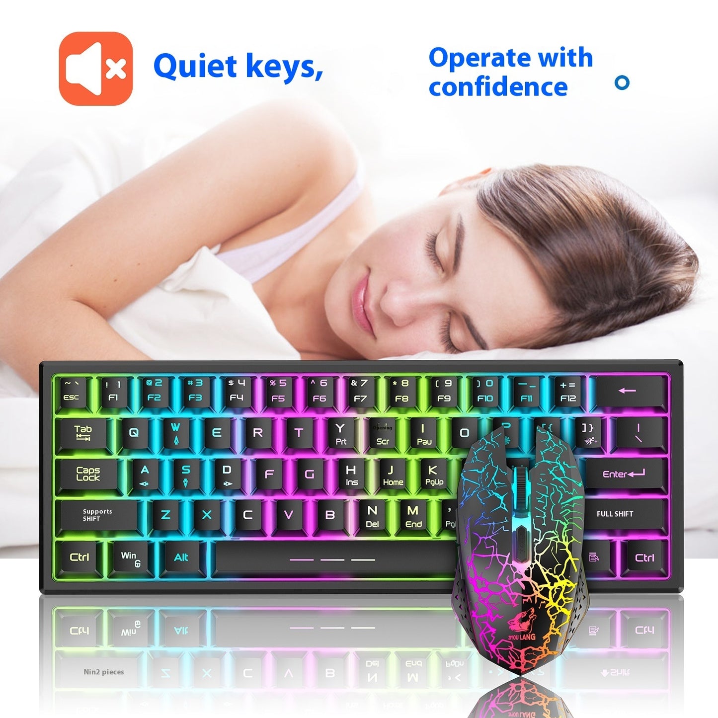 Juego de teclado y ratón inalámbricos Wolf T61 de carga gratuita, juego de teclado y ratón inalámbricos para juegos luminosos de 61 teclas, porcentaje 60