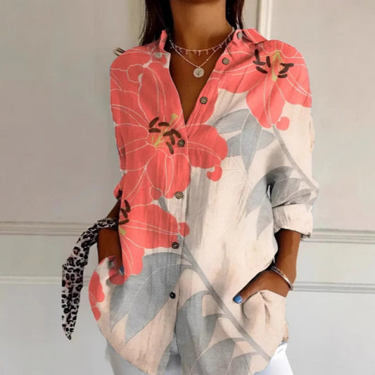 Floral Print Long-sleeved Shirt Women's Casual Button Tops Clothing - Enfance-Heureuse