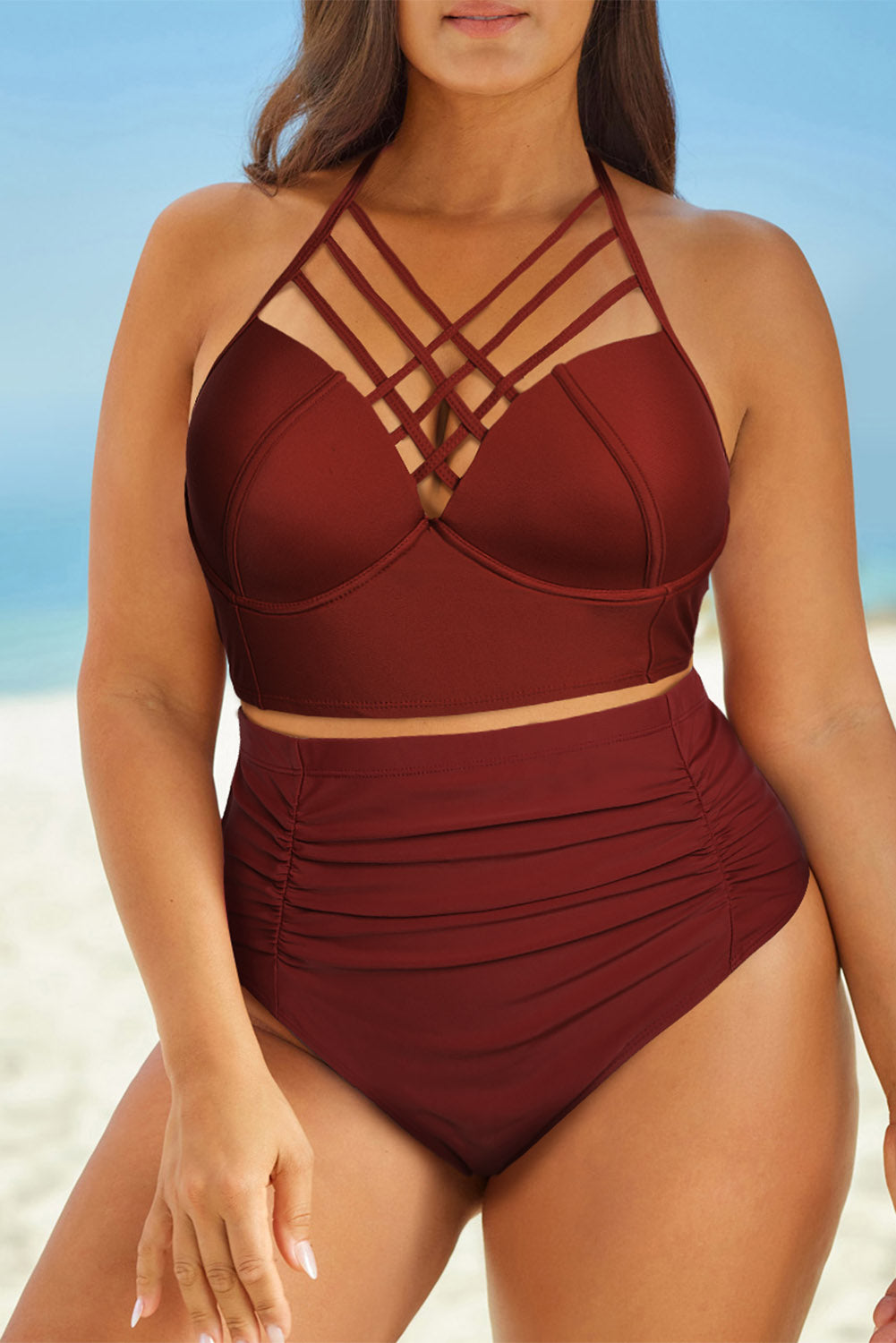 Full Size Halter Neck Crisscross Ruched Two-Piece Swimsuit - Enfance-Heureuse