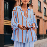 Women's Casual Striped Button-Down Shirt With Drop Sleeves Comfortable Loose-Fit Long Sleeve Top For Spring & Fall - Enfance-Heureuse