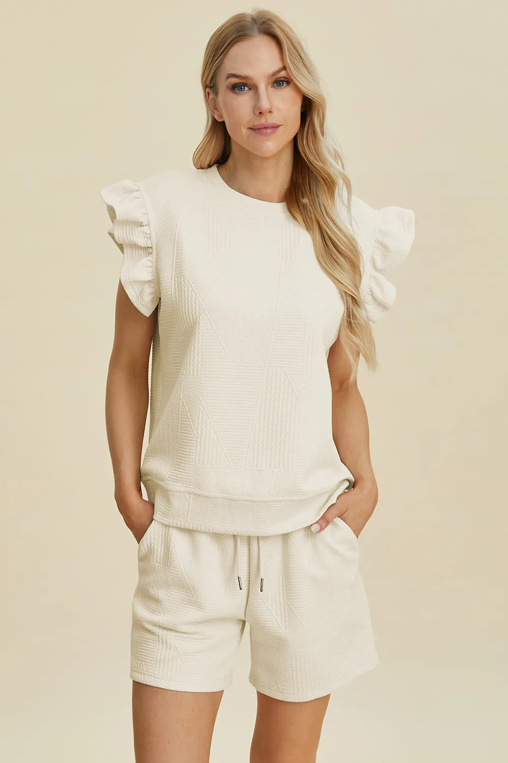Double Take Full Size Texture Round Neck Ruffle Sleeve Top and Shorts Set - Enfance-Heureuse