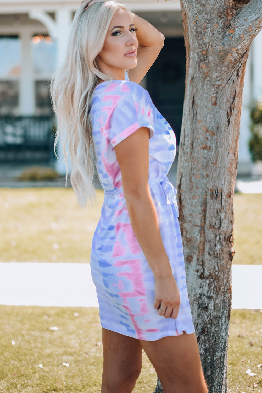 Women Tie-Dye Belted T-Shirt Dress - Enfance-Heureuse