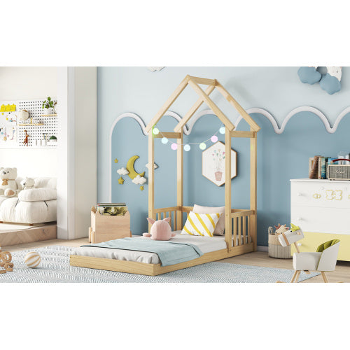 Twin House-shaped Roof Headboard Floor Bed,,without Slats,Natural - Enfance-Heureuse