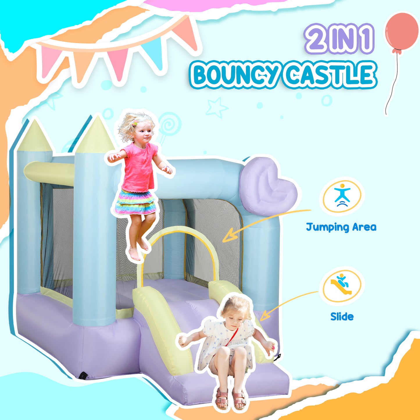 Castillo inflable con soplador de aire, tobogán, estacas, parches de reparación y bolsa de almacenamiento, para niños de 3 a 8 años, 98 x 65 x 79