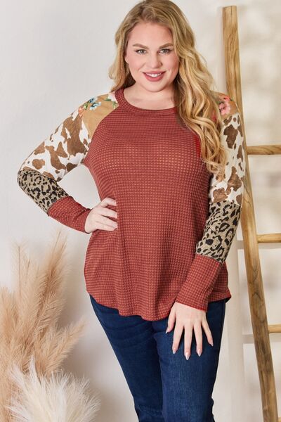 Hailey & Co Full Size Leopard Waffle-Knit Blouse - Enfance-Heureuse