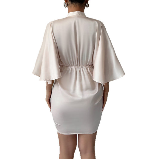 High-end Simple Style Deep V Waist Wide Sleeve Hip Skirt Dress - Enfance-Heureuse