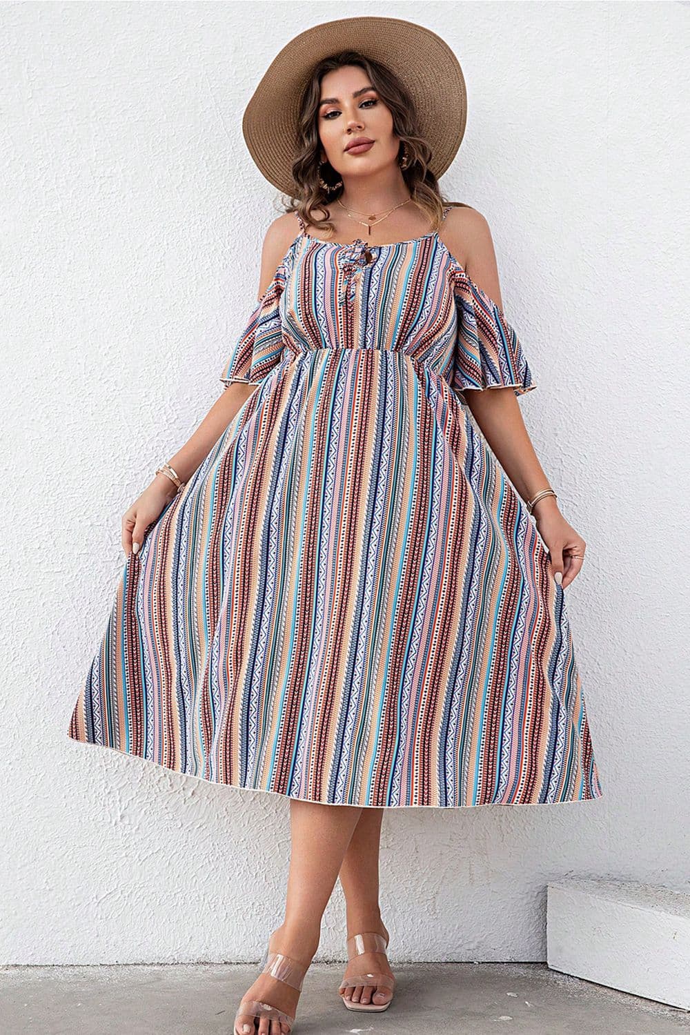 Plus Size Striped Cold-Shoulder Dress - Enfance-Heureuse